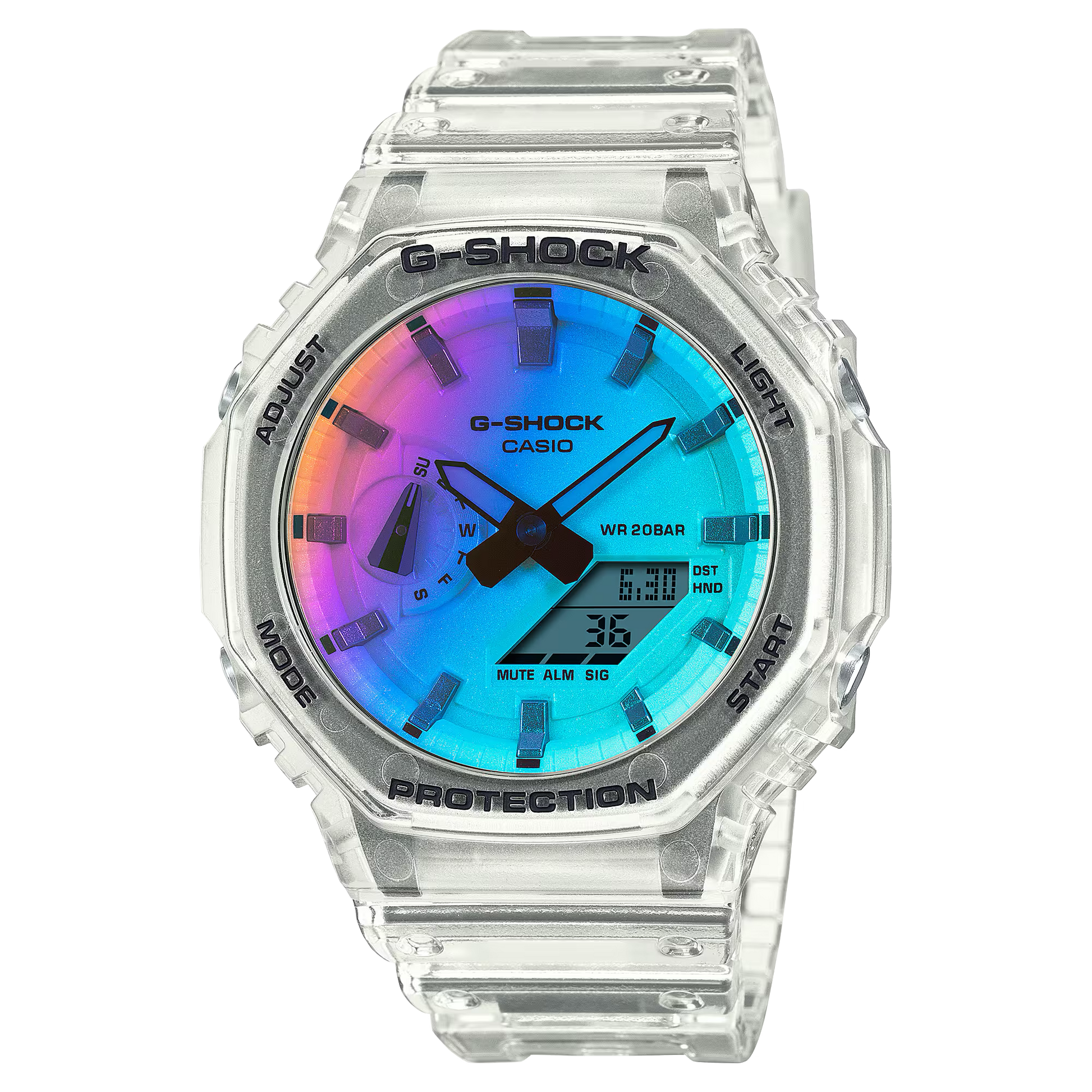 Casio G-SHOCK GA-2100SRS-7A watch with white resin octagonal case and band, full-surface rainbow iridescent mineral glass crystal, Carbon Core Guard structure, shock resistance, 200m water resistance, double LED Super Illuminator, and lightweight 51 g build.
