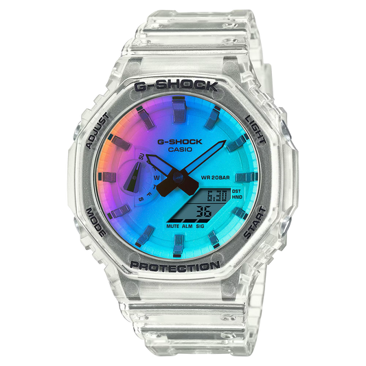 Casio G-SHOCK GA-2100SRS-7A watch with white resin octagonal case and band, full-surface rainbow iridescent mineral glass crystal, Carbon Core Guard structure, shock resistance, 200m water resistance, double LED Super Illuminator, and lightweight 51 g build.
