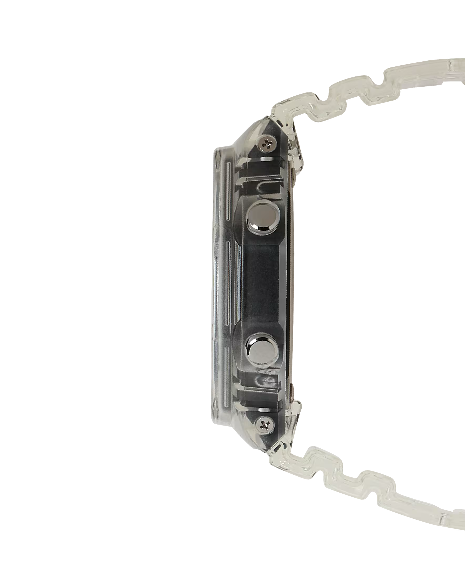 Metallic watch strap with clasp on a white background