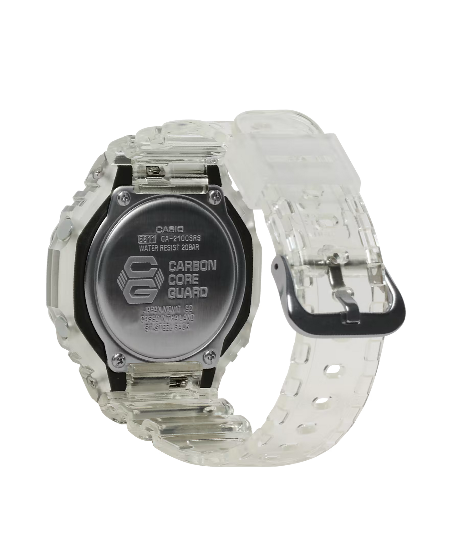 Clear Casio watch with visible branding on a white background