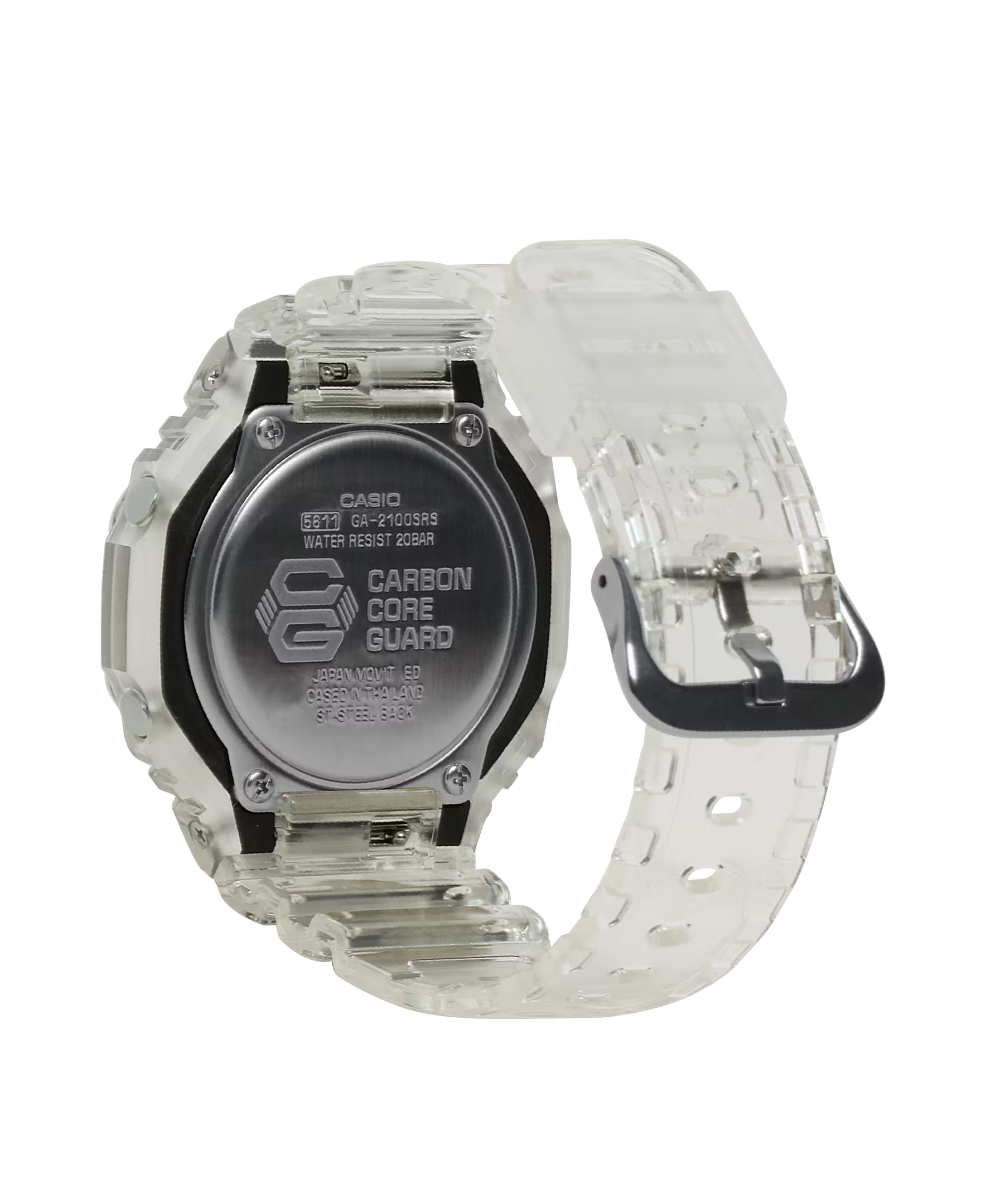 Clear Casio watch with visible branding on a white background