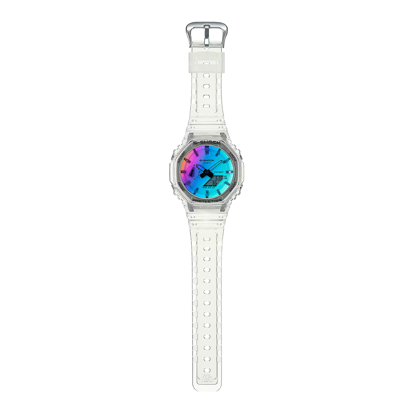 White watch with a colorful face on a white background