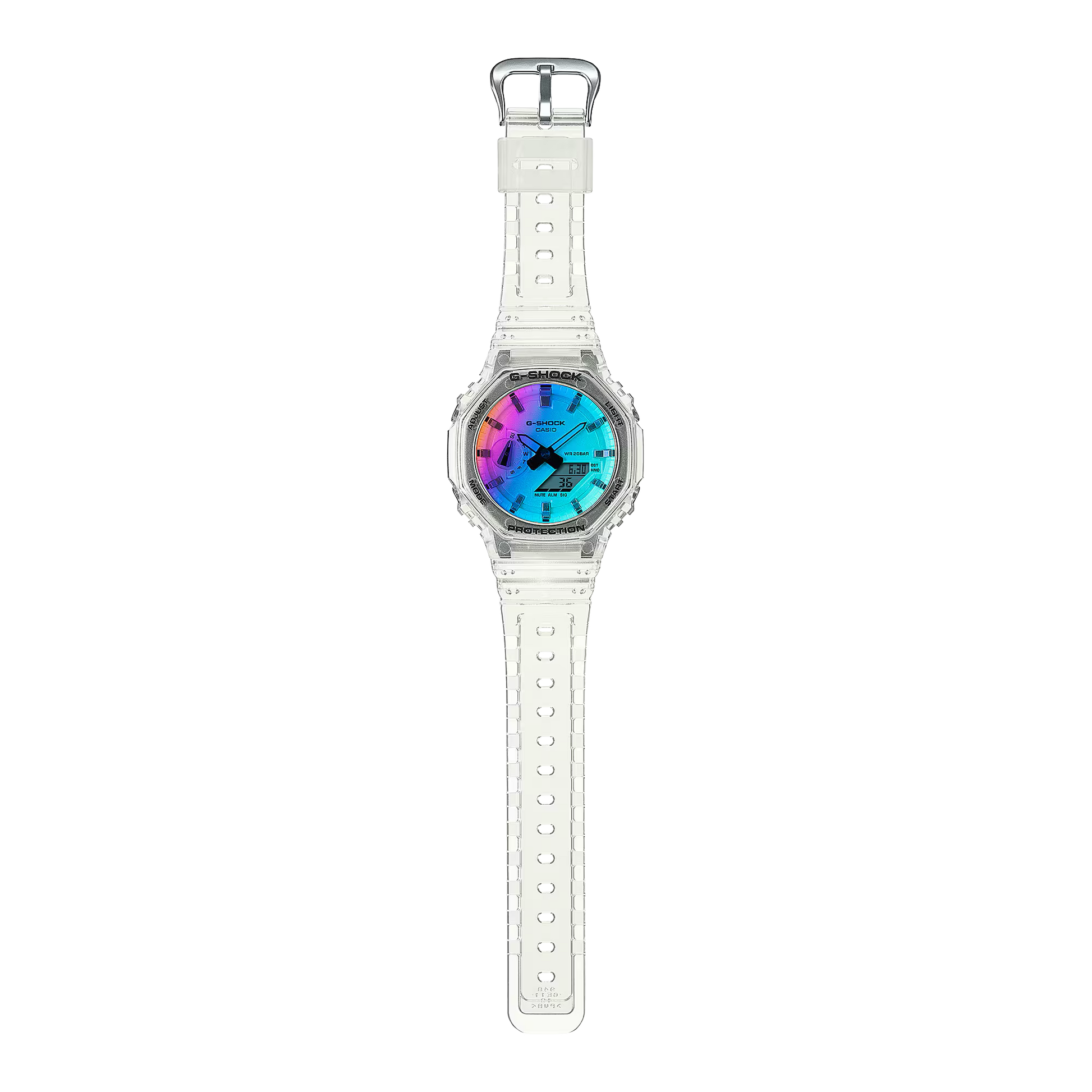 White watch with a colorful face on a white background