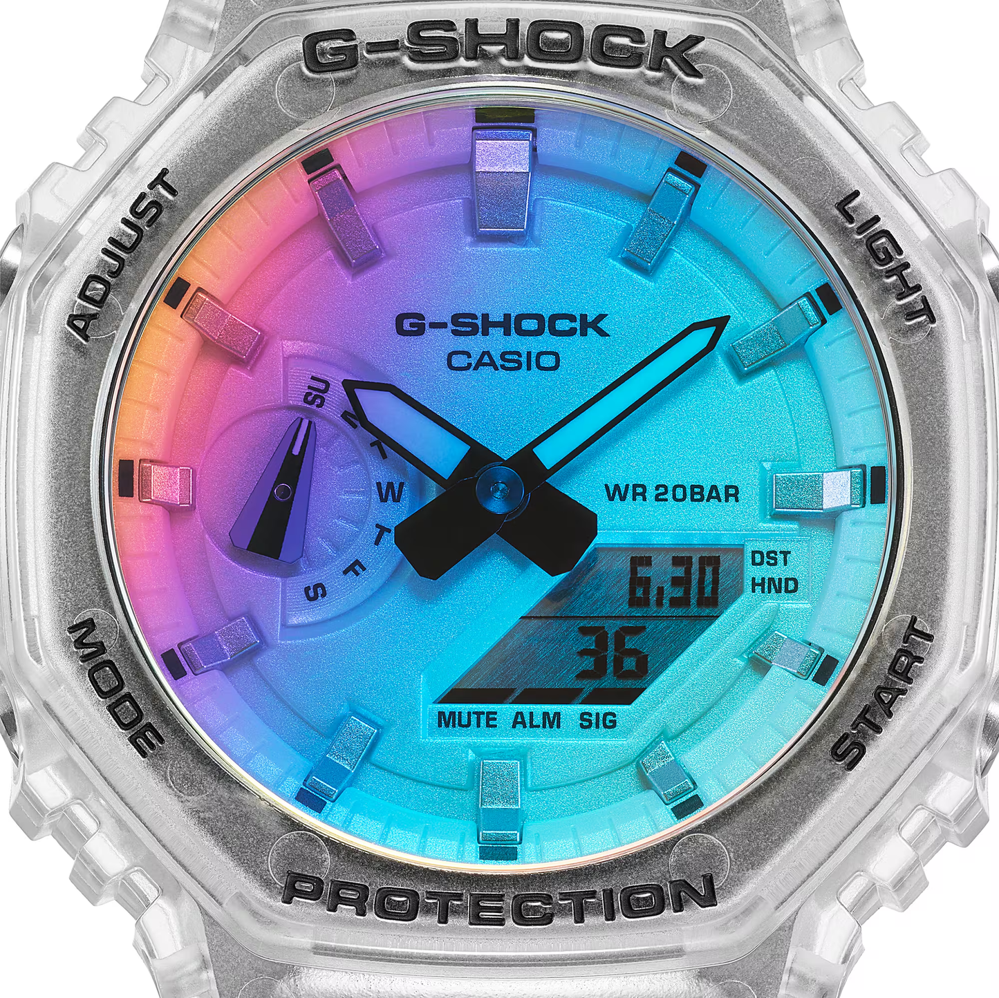 G-Shock Casio watch with a colorful face and transparent case on a white background