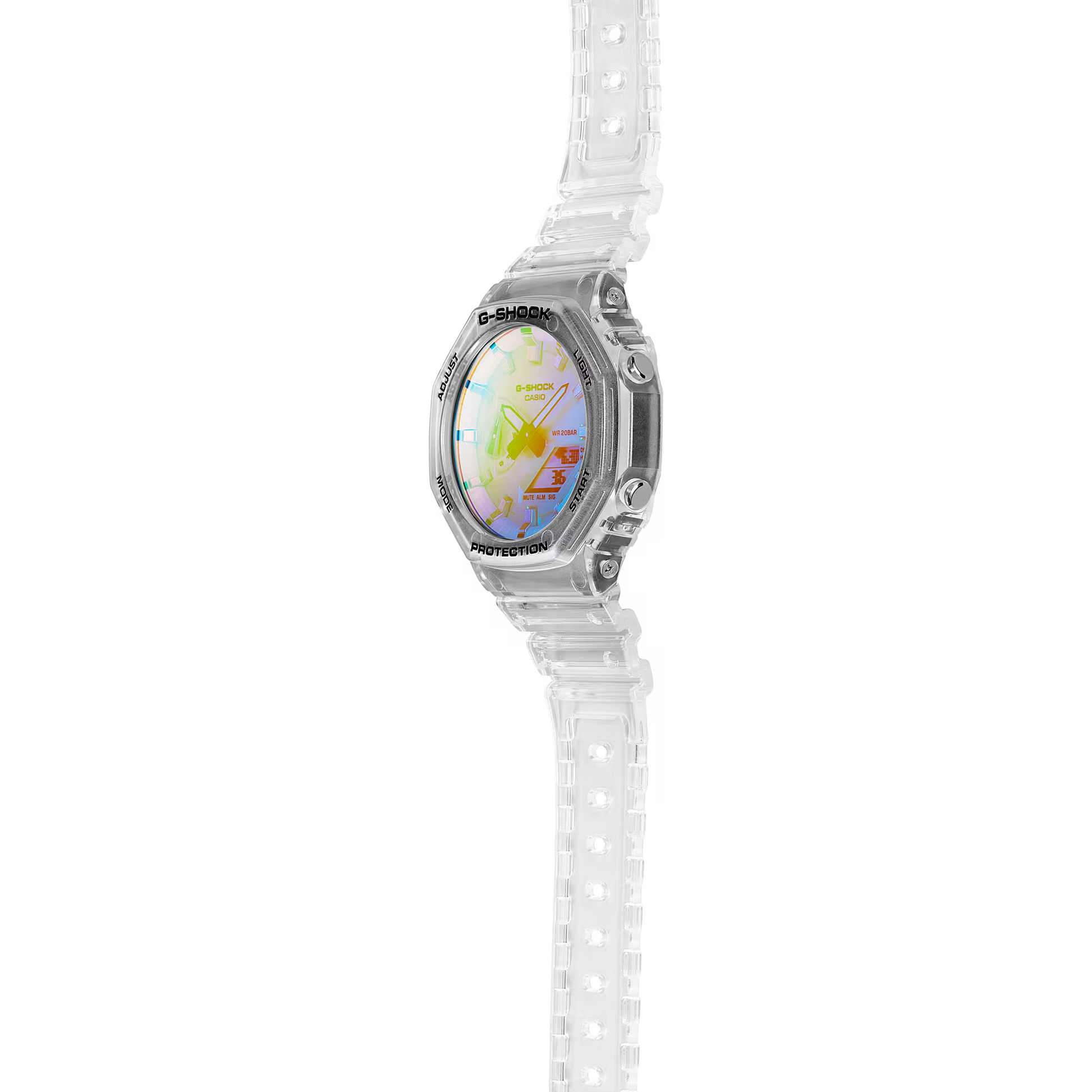 White Casio watch with colorful face on a white background