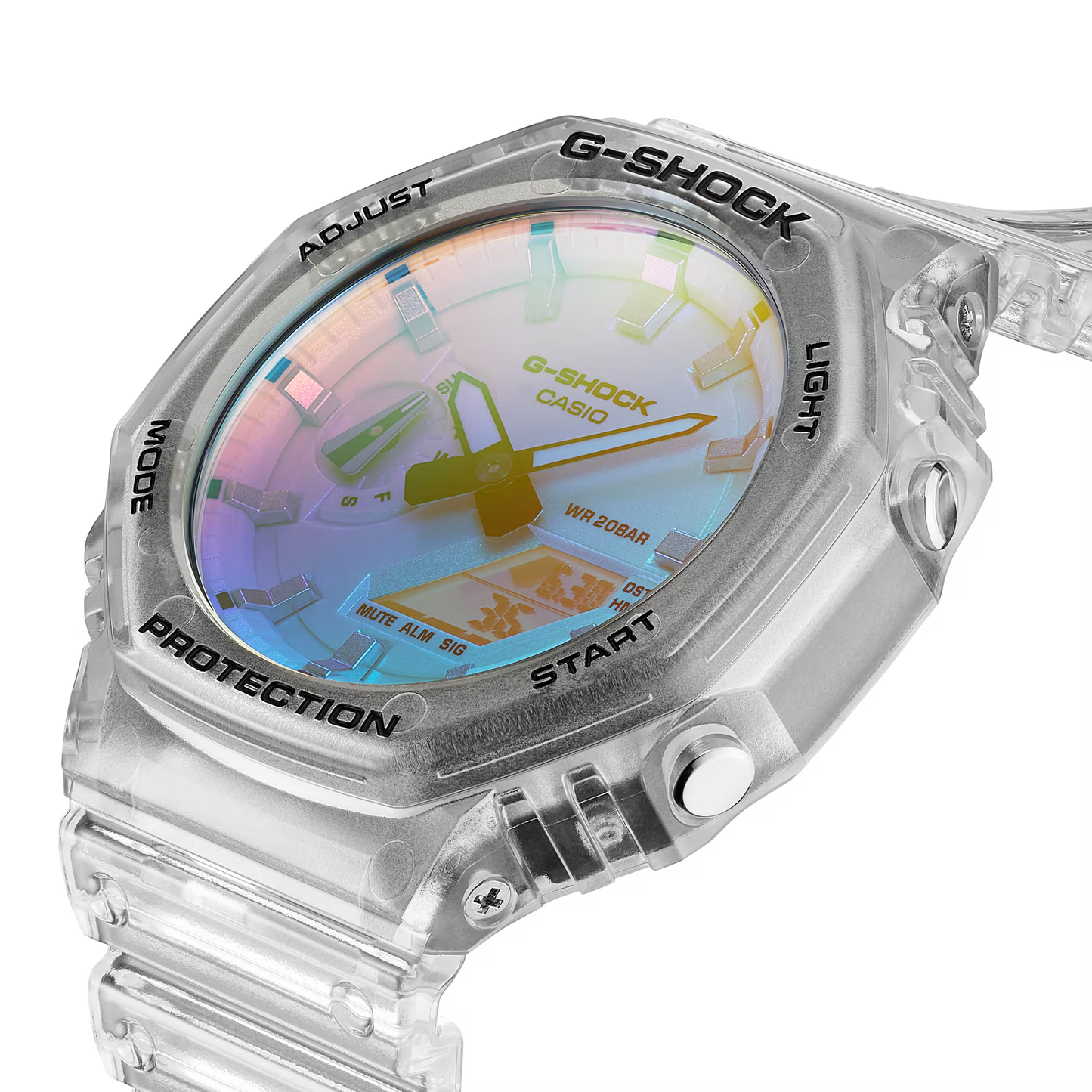 Clear G-Shock Casio watch with colorful display on a white background