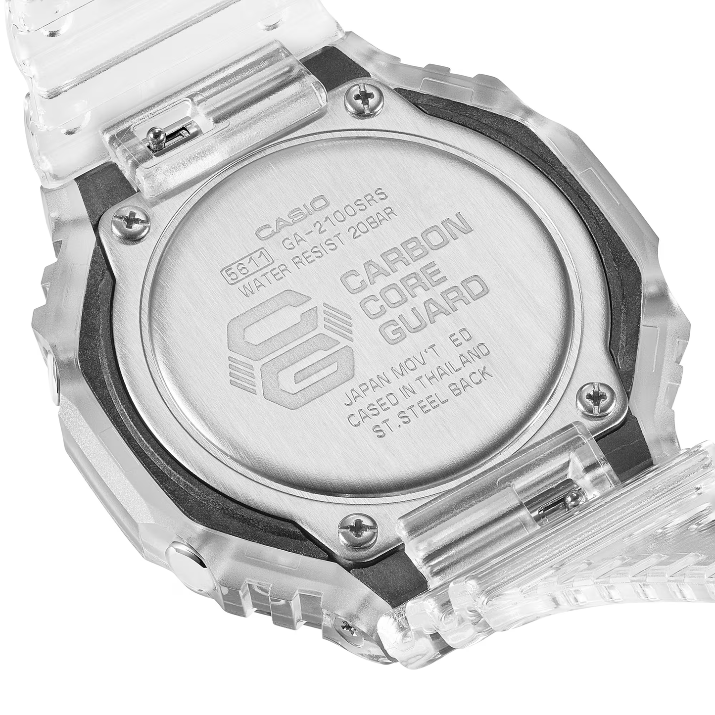 Close-up of a Casio watch with 'Carbon Core Guard' text on a white background