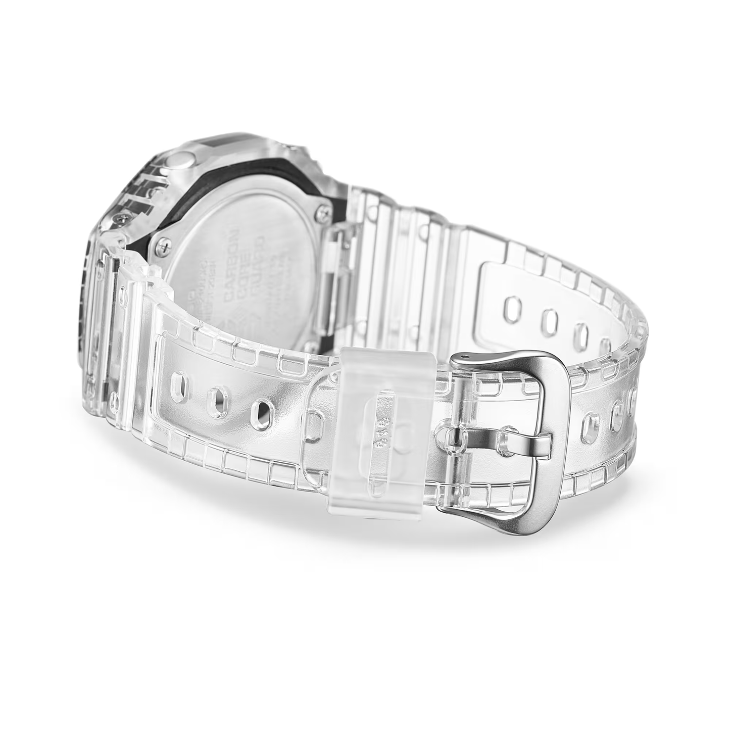 Clear watch with a white strap on a white background
