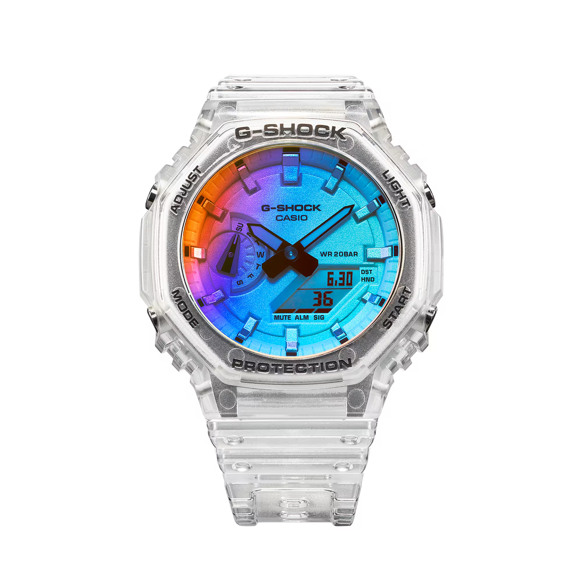 G-Shock Casio watch with a colorful face and clear casing on a white background