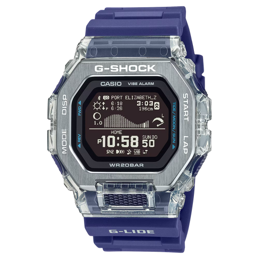 Casio G-SHOCK GBX100S-2 G-LIDE Series – blue surf-inspired design with stainless steel and translucent resin bezel, bio-based resin band, MIP LCD display, tide and moon data, Bluetooth® connectivity, and 200m water resistance.