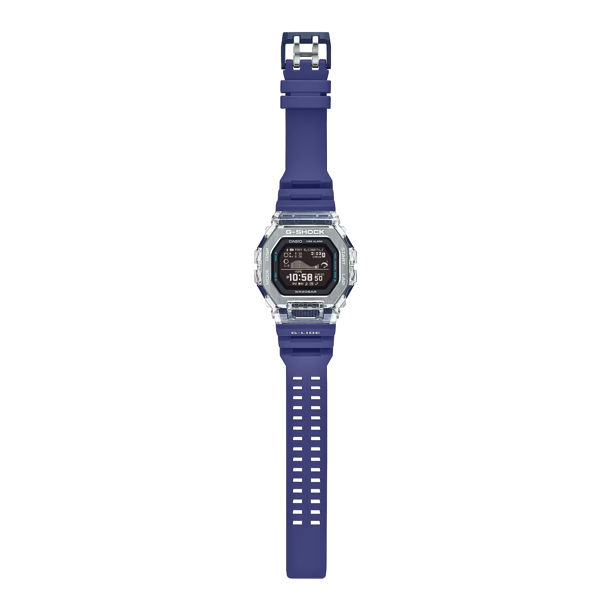 Digital watch with blue strap on a white background