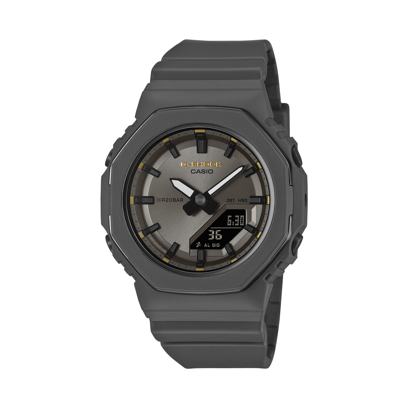 G-SHOCK GMAP2126W-8A International Women’s Day 2026 limited edition watch with metallic gray bezel, gold accents, monochrome dial, and bio-based resin band
