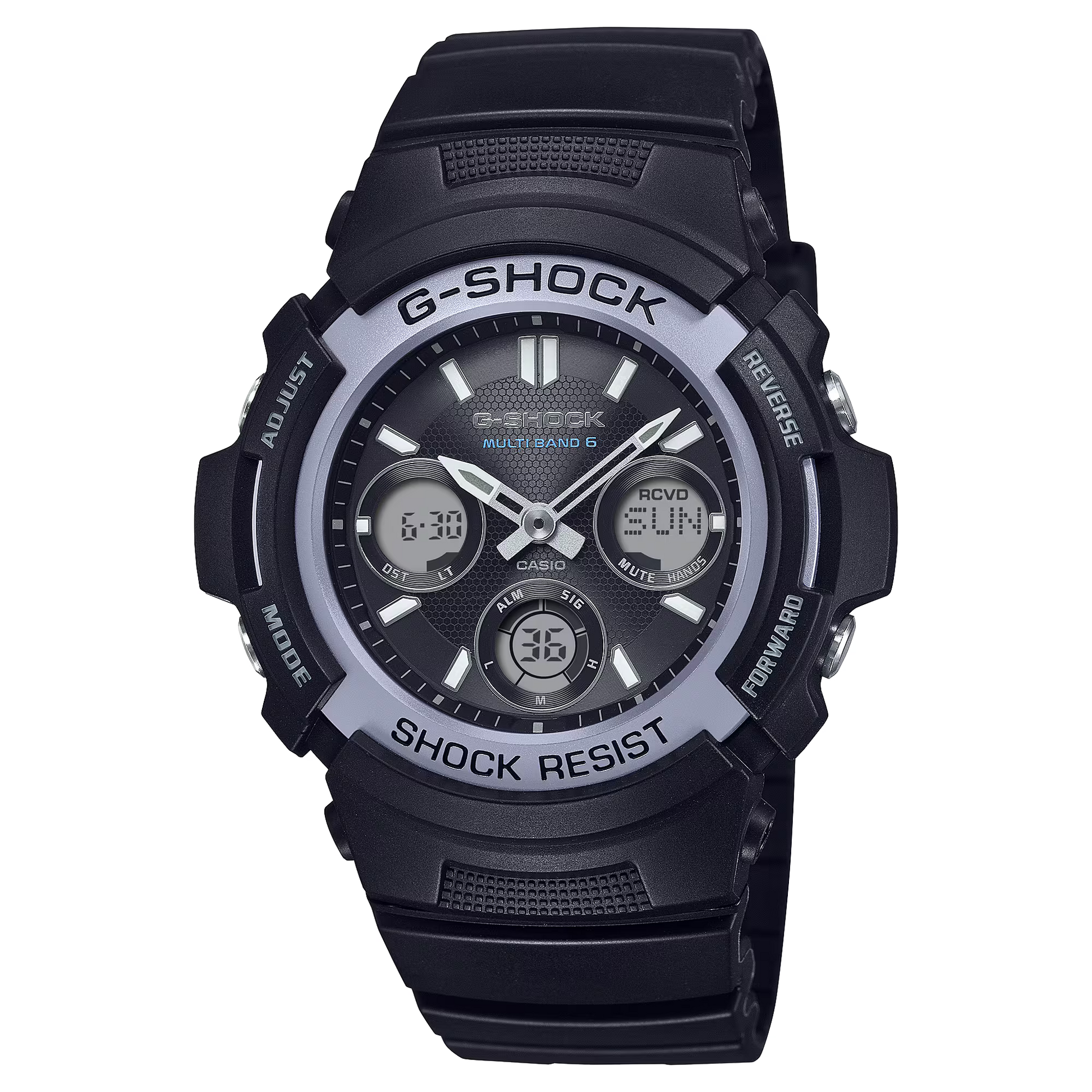 G-SHOCK AWGM100FP1A2 Fire Package 2025 analog-digital watch with black case, blue accents, Tough Solar, Multi Band 6, and resin band.