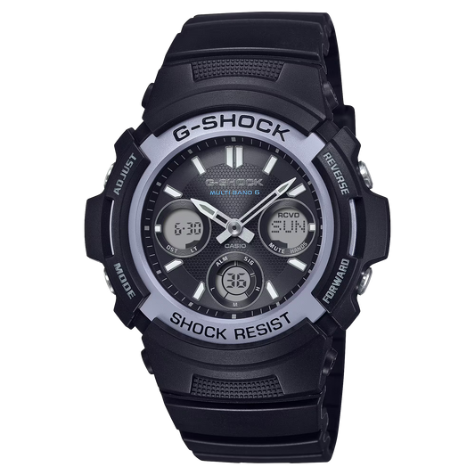 G-SHOCK AWGM100FP1A2 Fire Package 2025 analog-digital watch with black case, blue accents, Tough Solar, Multi Band 6, and resin band.