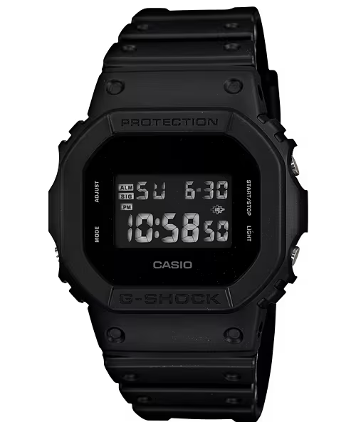 Casio G-Shock DW5600BB-1 matte black digital watch with square face, 200-meter water resistance, and electro-luminescent backlight in blackout design