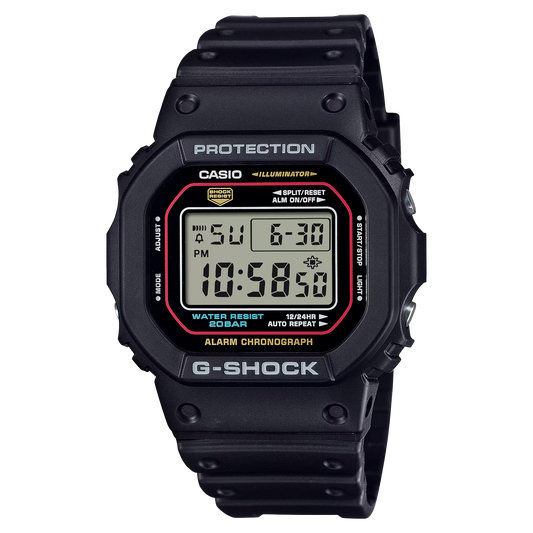 Casio G-Shock DW5600RL-1 Digital Watch – Classic Square Face with Red, Blue, Yellow Accents, Bio-Based Resin, 200m Water Resistant