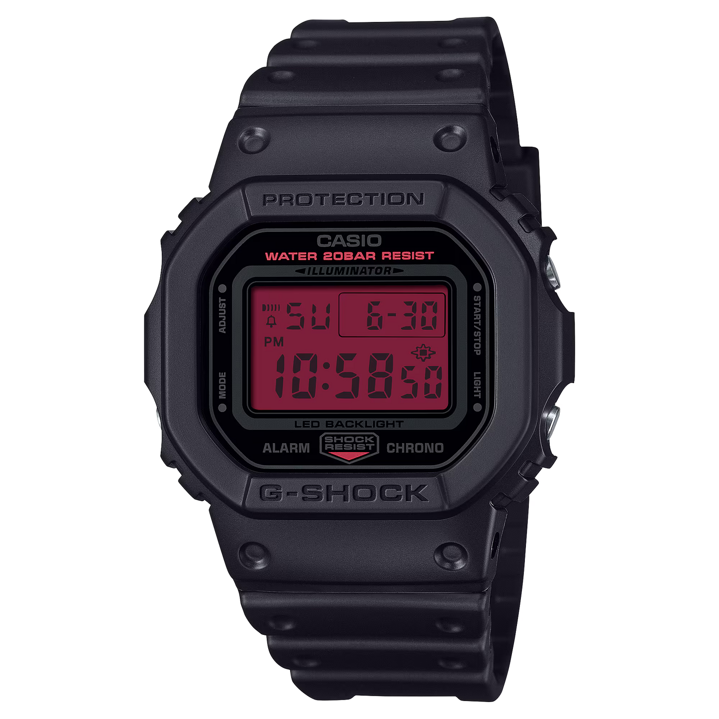 Casio G-SHOCK DW5600BBR-1 with bold black case and vivid red LCD display, lightweight bio-based resin band, and classic 5600 shock-resistant design.