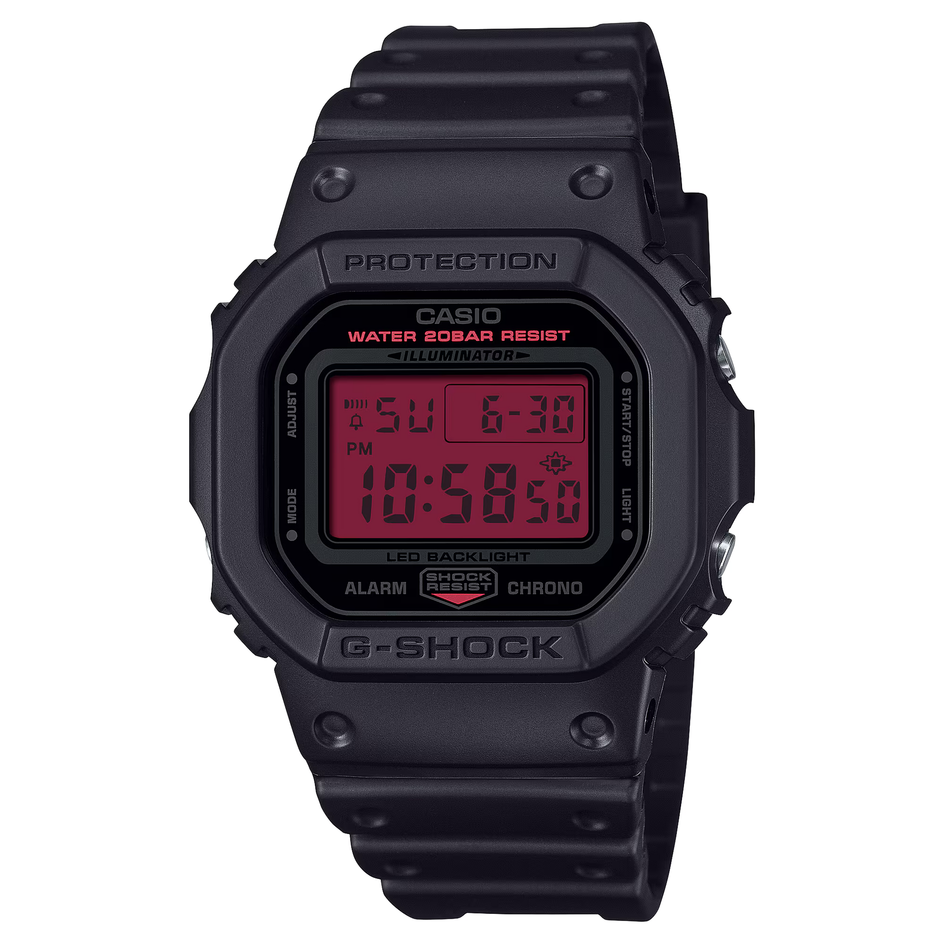 Casio G-SHOCK DW5600BBR-1 with bold black case and vivid red LCD display, lightweight bio-based resin band, and classic 5600 shock-resistant design.