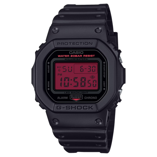 Casio G-SHOCK DW5600BBR-1 with bold black case and vivid red LCD display, lightweight bio-based resin band, and classic 5600 shock-resistant design.