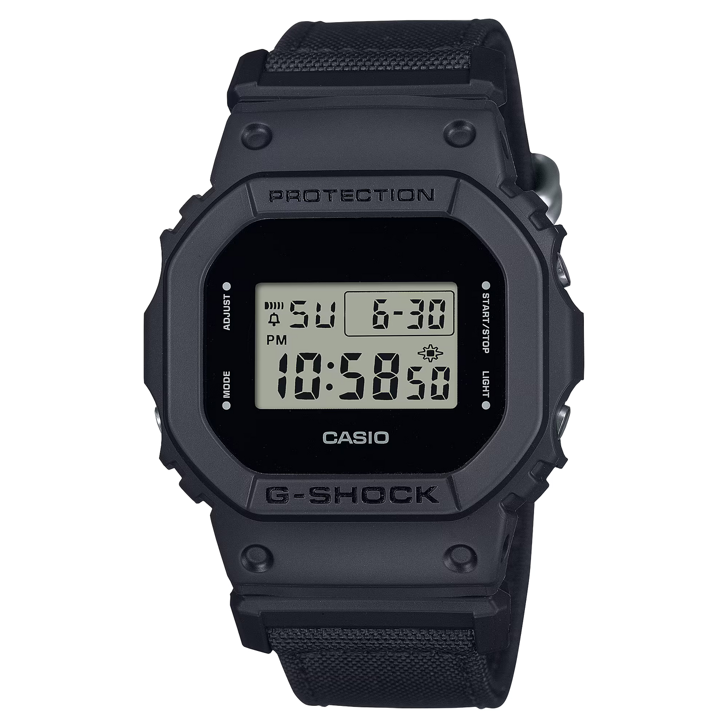G-SHOCK DW5600BCE-1 digital watch with an all-black square 5600 design, CORDURA® Eco Fabric cloth band, shock-resistant construction, and classic G-SHOCK durability.