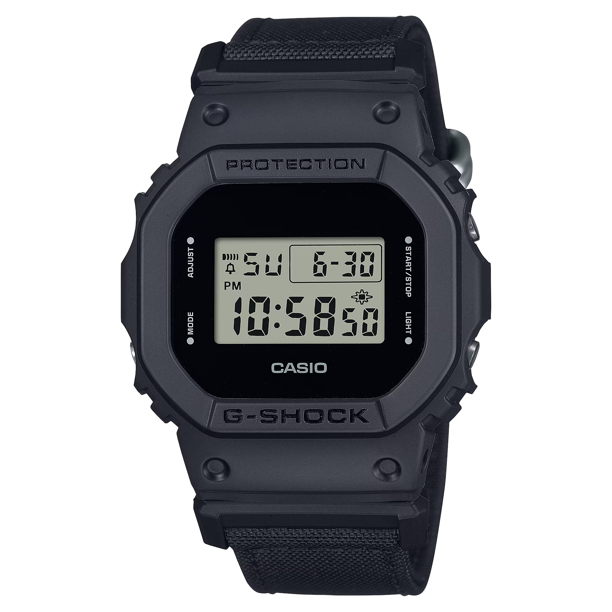 G-SHOCK DW5600BCE-1 digital watch with an all-black square 5600 design, CORDURA® Eco Fabric cloth band, shock-resistant construction, and classic G-SHOCK durability.