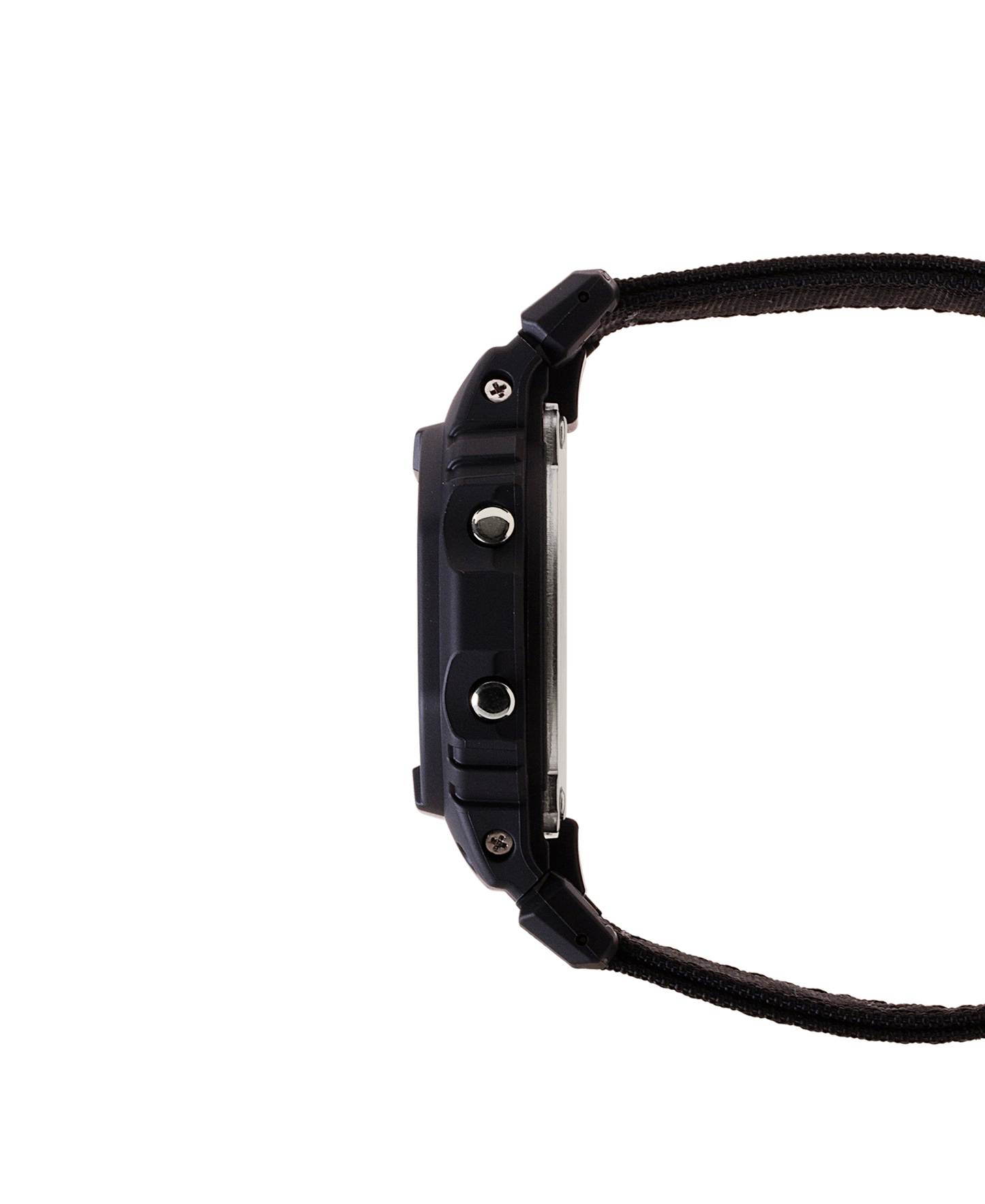 Black wristwatch with a strap on a white background