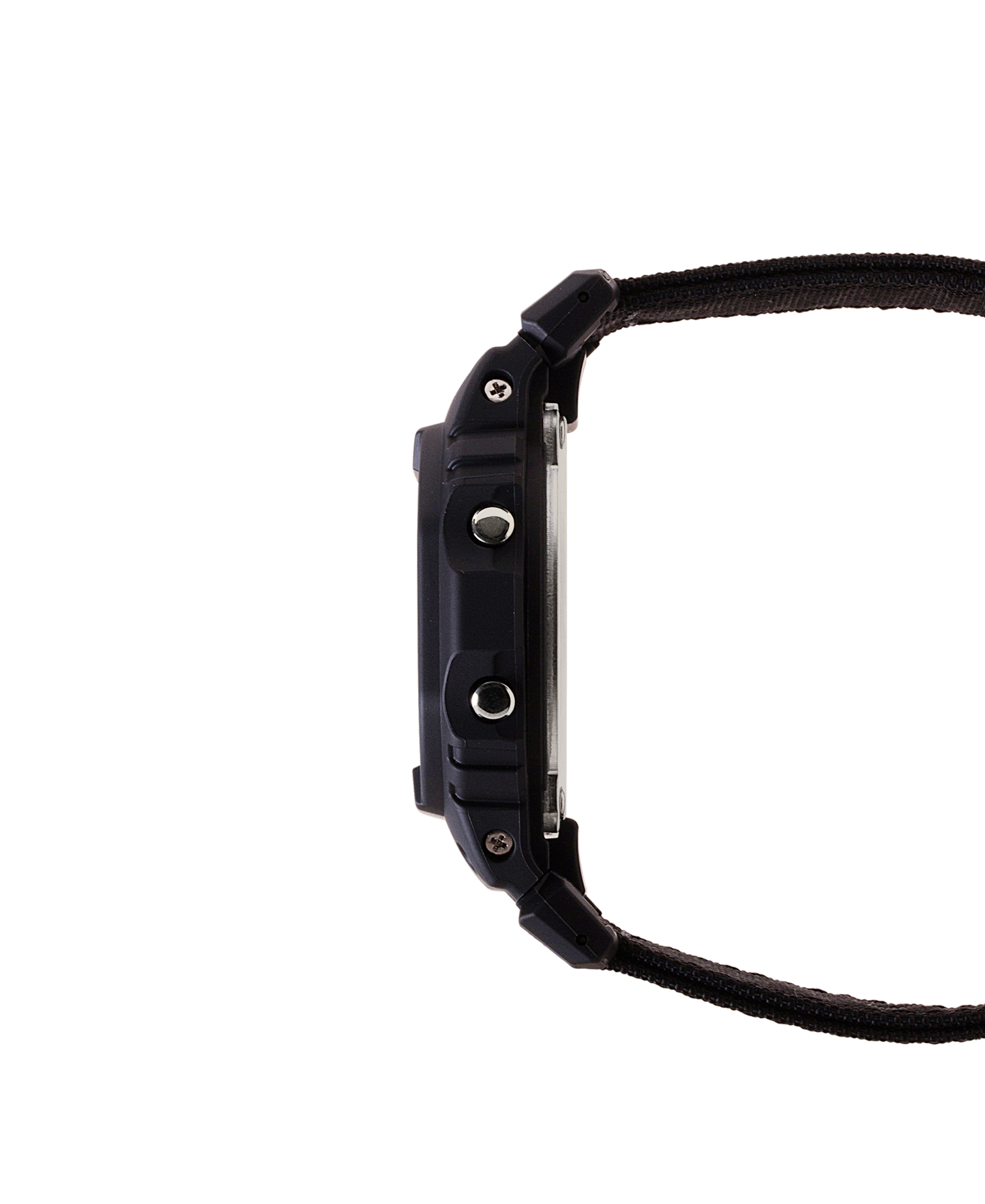 Black wristwatch with a strap on a white background