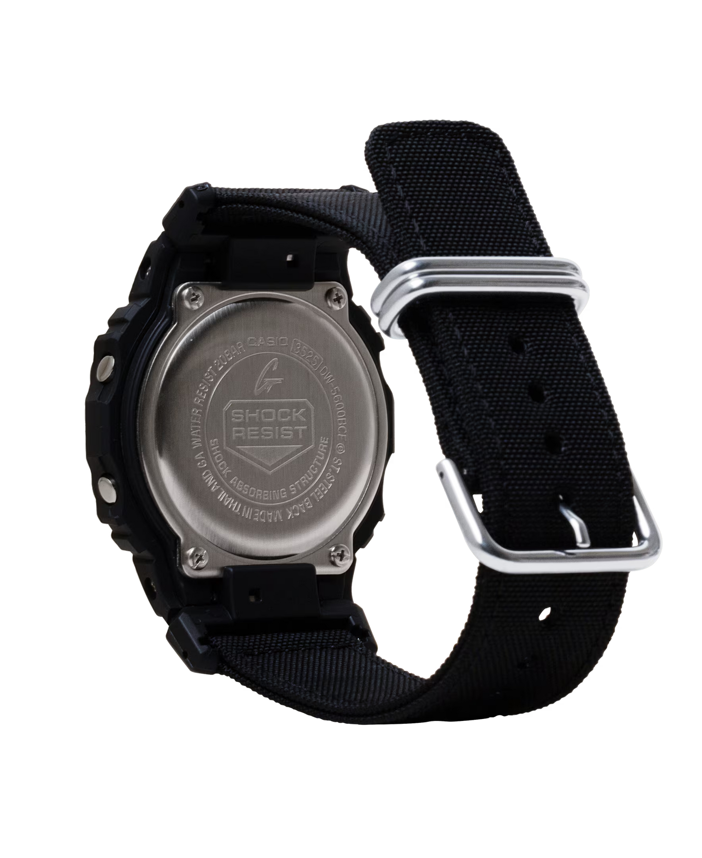 Black watch with a metallic back and textured band on a white background
