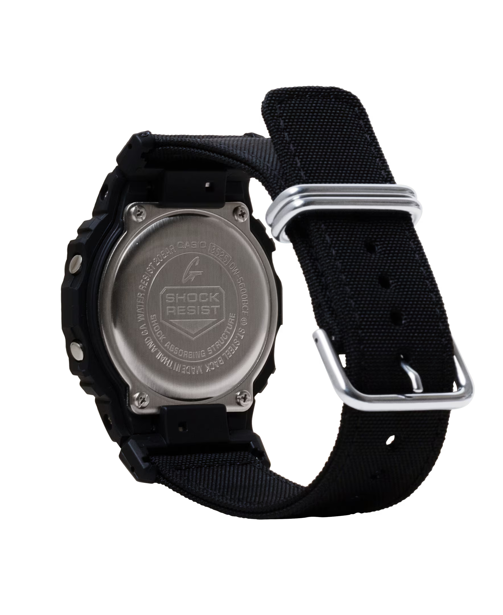 Black watch with a metallic back and textured band on a white background