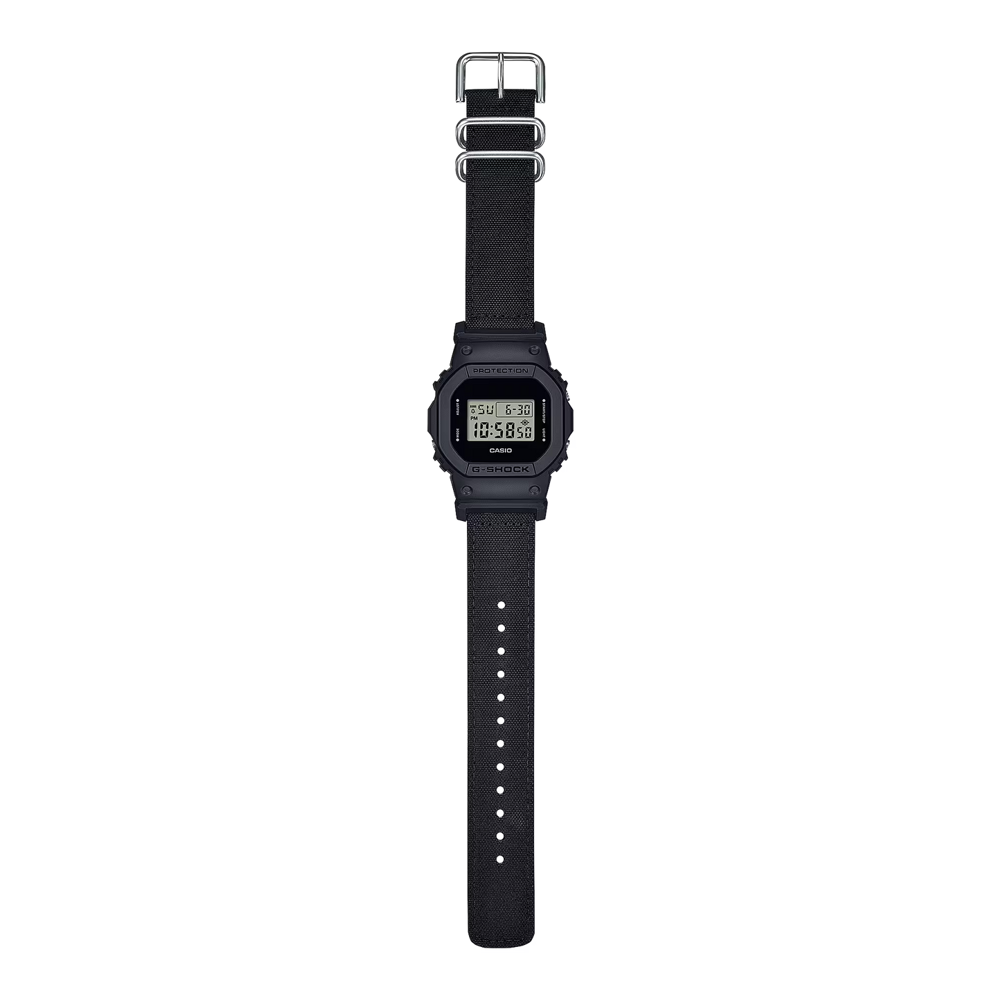 Black digital watch with a strap on a white background