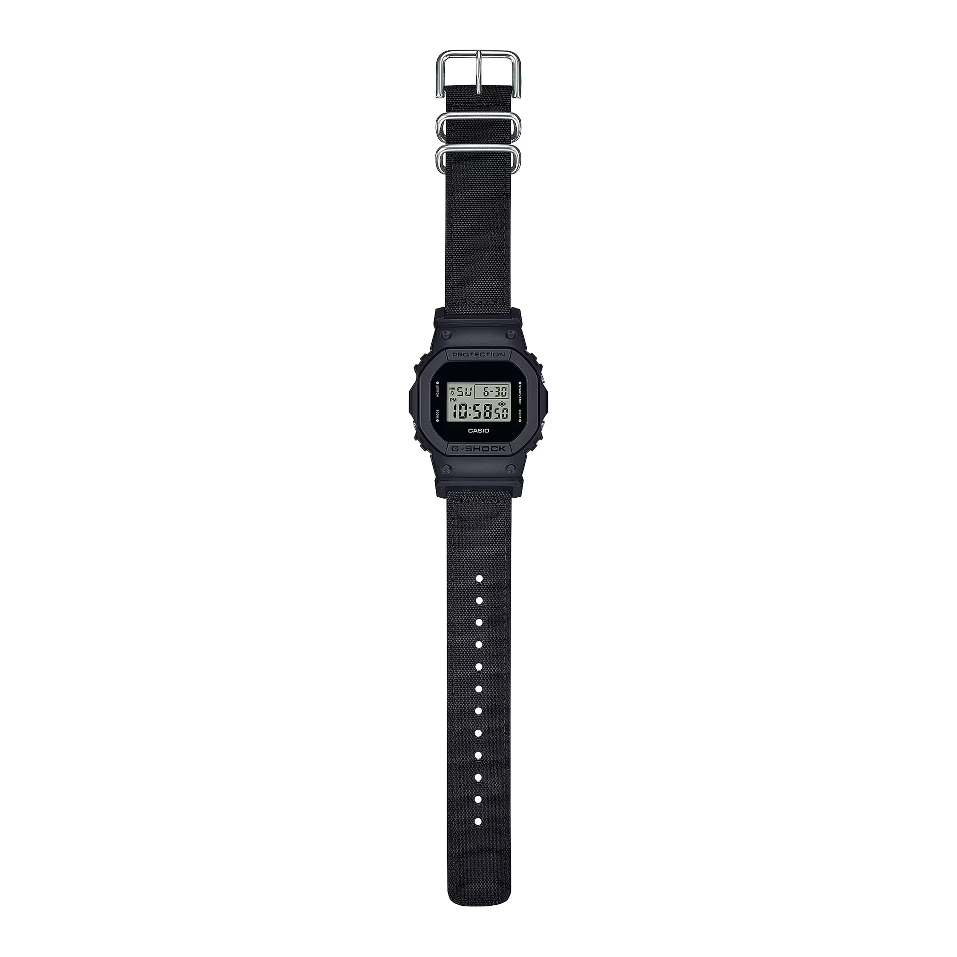 Black digital watch with a strap on a white background