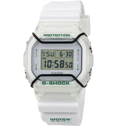 Casio G-SHOCK DW5600HDN257 – Limited Edition HIDDEN NY collaboration with white resin band, transparent green-accented bezel, black bull bars, engraved case back ‘IN THE BLINK OF AN EYE,’ HIDDEN NY logo backlight, special collector’s packaging, 200m water resistance.