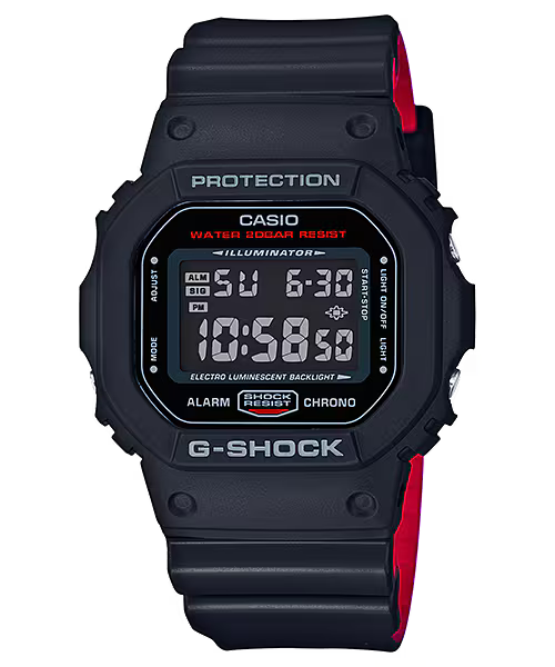 G-SHOCK DW5600HR-1 digital watch with a classic square 5600 case, black resin exterior, bi-color black and red band, and bold Black & Red Series styling.