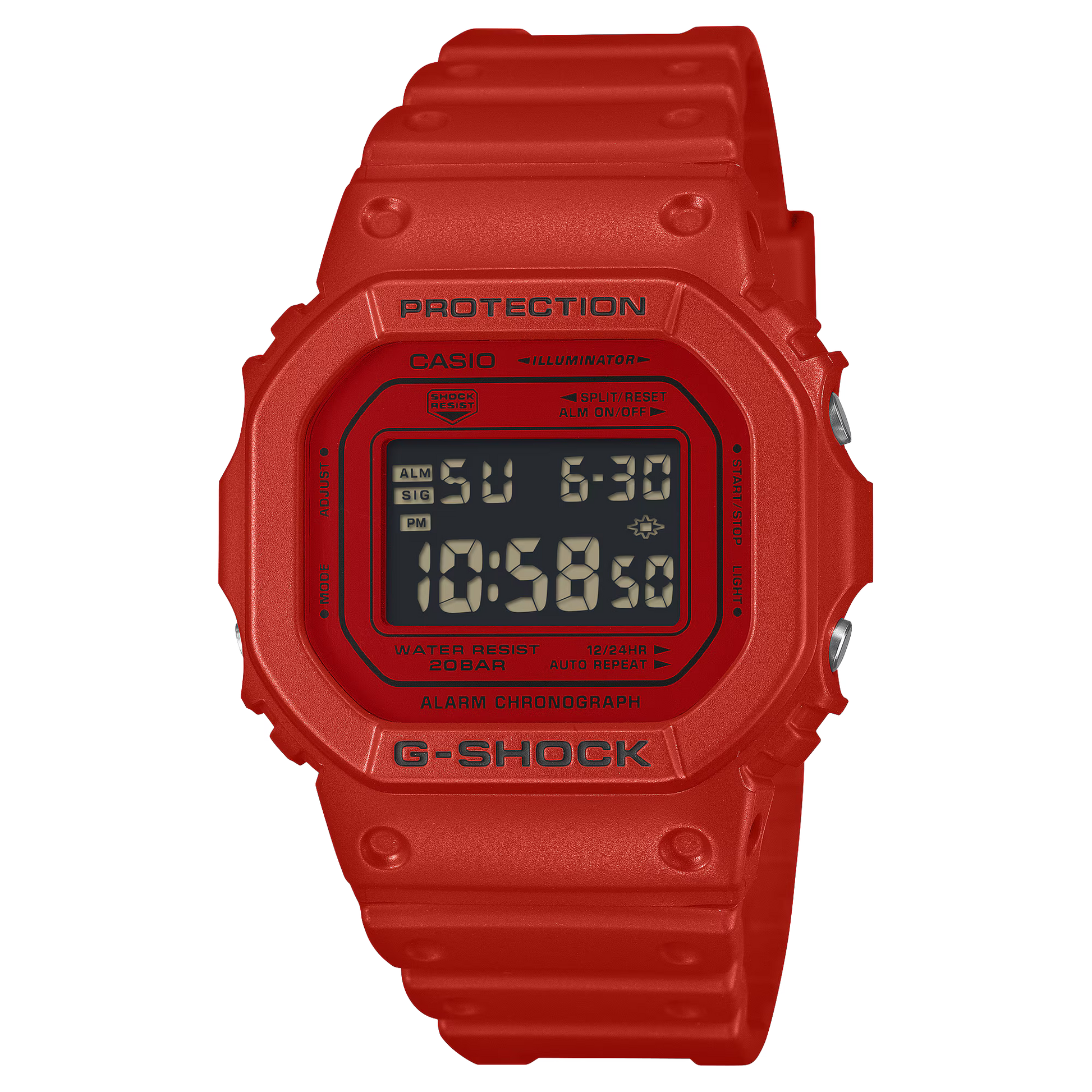 Casio G-SHOCK DW5600RRB-4 digital watch with a bold red resin case and band, black inverted LCD display, classic square 5600 design, shock-resistant construction, and 200-meter water resistance.