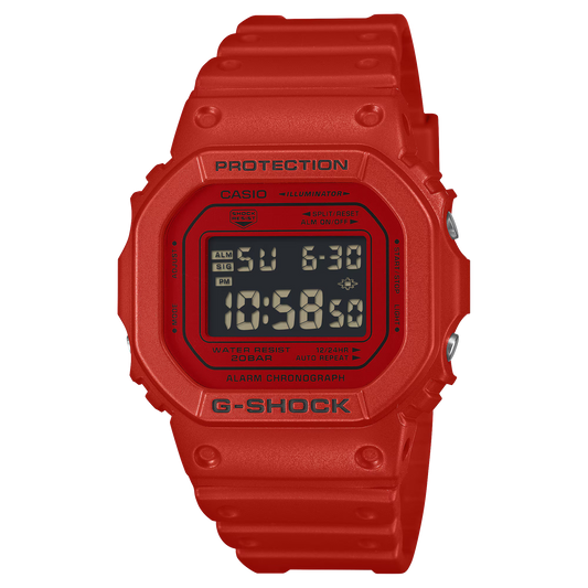 Casio G-SHOCK DW5600RRB-4 digital watch with a bold red resin case and band, black inverted LCD display, classic square 5600 design, shock-resistant construction, and 200-meter water resistance.