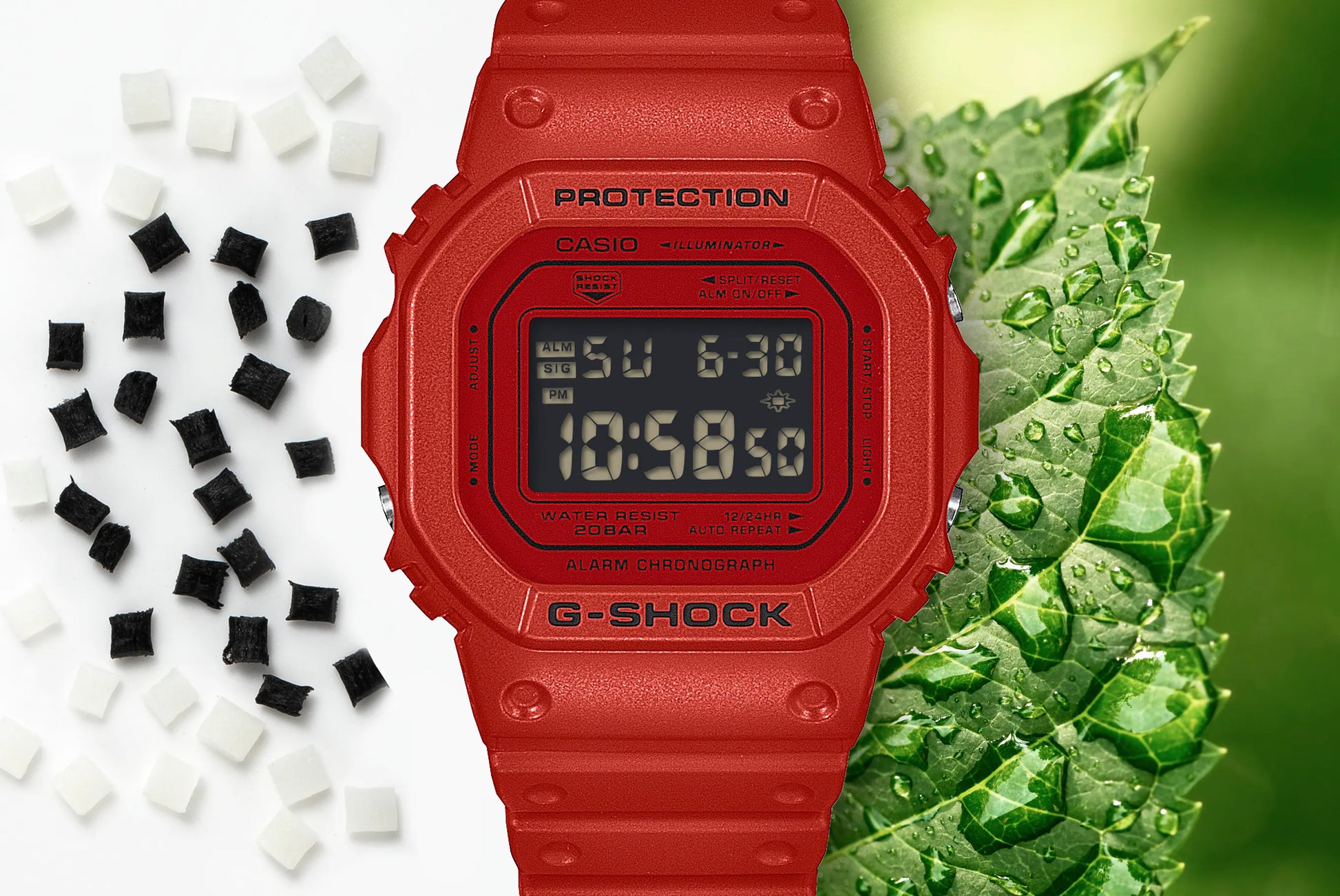 Red Casio G-Shock digital watch with a green leaf background