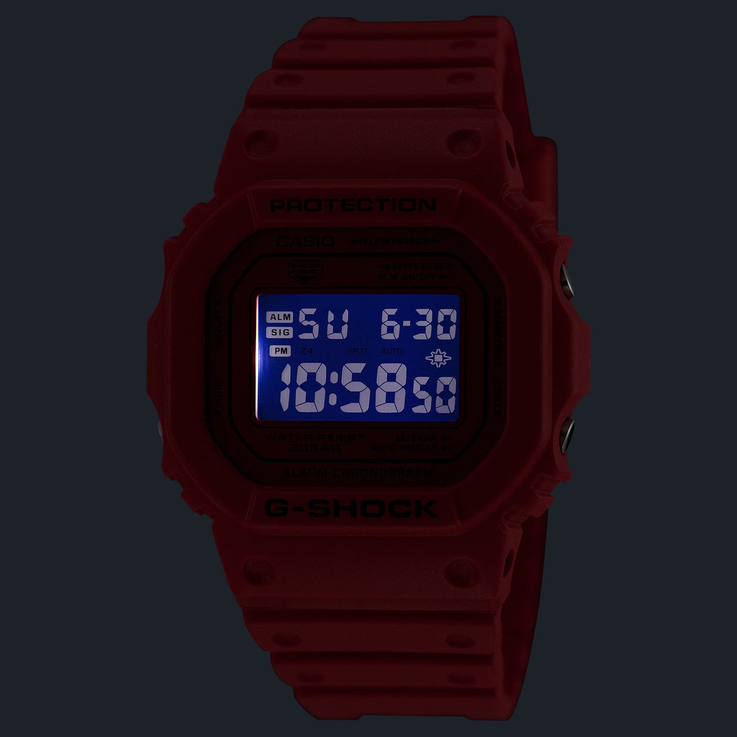 Red digital watch with blue display on a black background