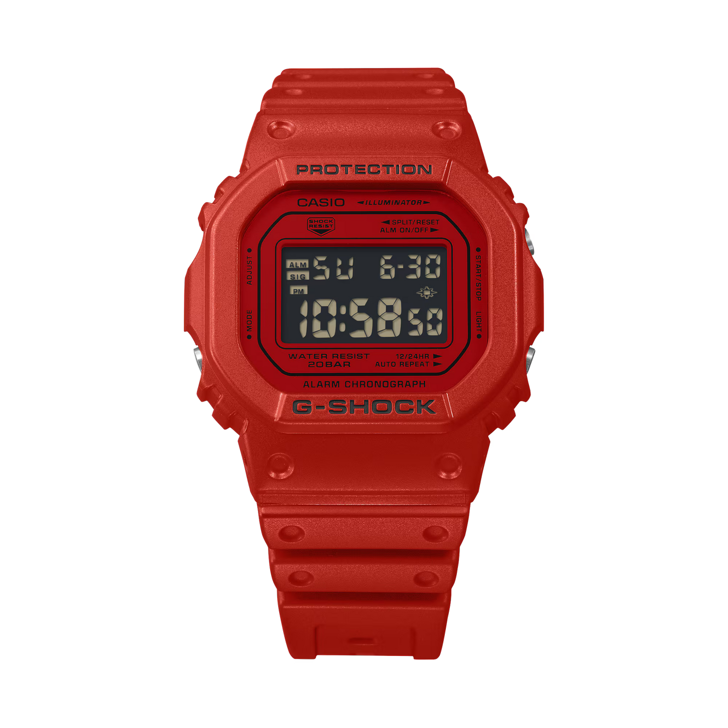 Red Casio G-Shock digital watch on a white background