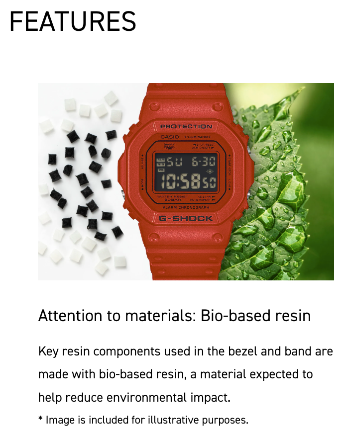 Red G-Shock watch with bio-based resin text on a green and white abstract background