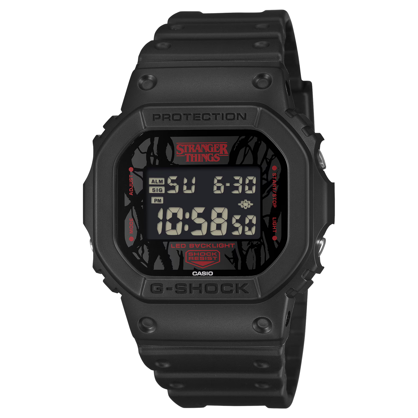 G-SHOCK DW5600STT-1 Stranger Things collaboration featuring vine-pattern dial inspired by Vecna, upside-down ‘A’ detail, red LED backlight, ‘011’ band loop tribute, bio-based black resin case and band, and special Demogorgon-themed packaging.