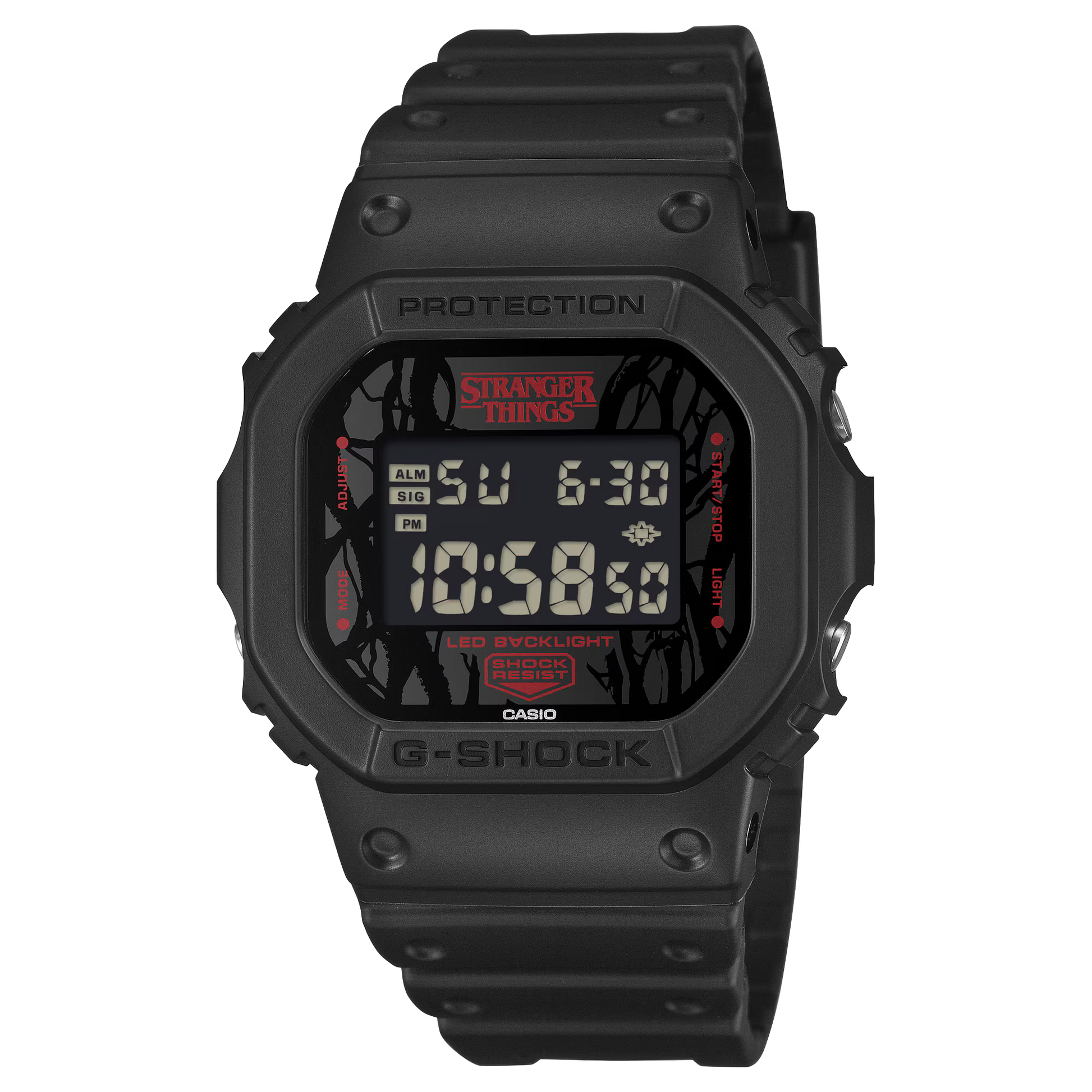 G-SHOCK DW5600STT-1 Stranger Things collaboration featuring vine-pattern dial inspired by Vecna, upside-down ‘A’ detail, red LED backlight, ‘011’ band loop tribute, bio-based black resin case and band, and special Demogorgon-themed packaging.