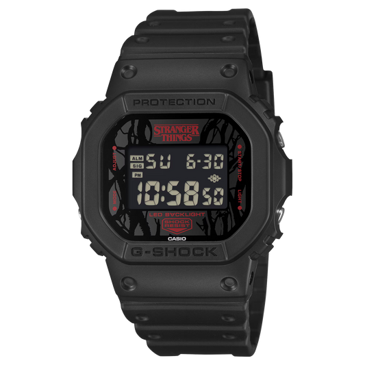 G-SHOCK DW5600STT-1 Stranger Things collaboration featuring vine-pattern dial inspired by Vecna, upside-down ‘A’ detail, red LED backlight, ‘011’ band loop tribute, bio-based black resin case and band, and special Demogorgon-themed packaging.