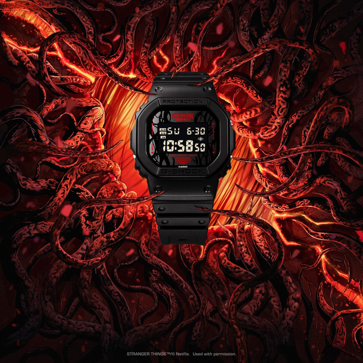G-SHOCK DW5600STT-1 Stranger Things collaboration featuring vine-pattern dial inspired by Vecna, upside-down ‘A’ detail, red LED backlight, ‘011’ band loop tribute, bio-based black resin case and band, and special Demogorgon-themed packaging.”