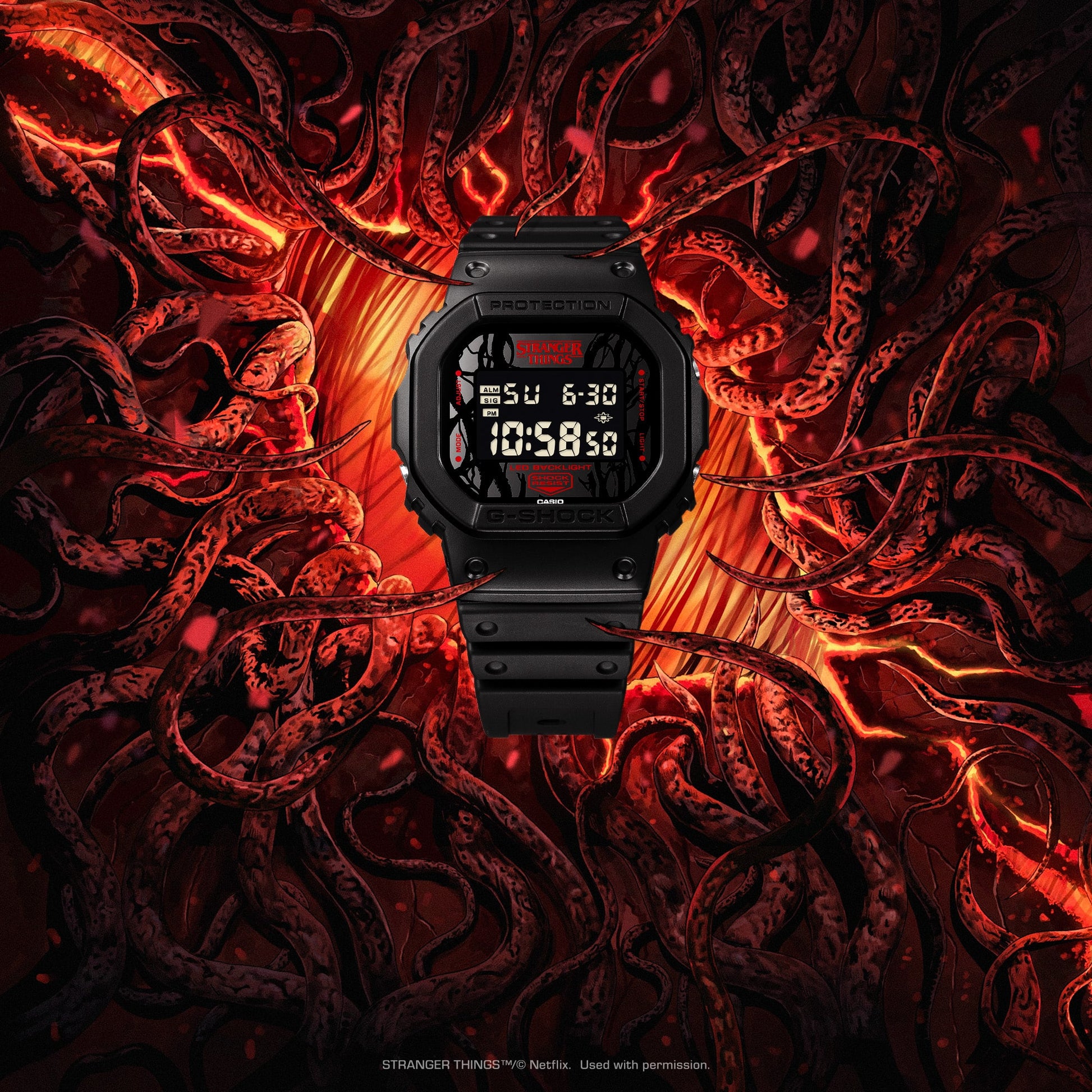 G-SHOCK DW5600STT-1 Stranger Things collaboration featuring vine-pattern dial inspired by Vecna, upside-down ‘A’ detail, red LED backlight, ‘011’ band loop tribute, bio-based black resin case and band, and special Demogorgon-themed packaging.”