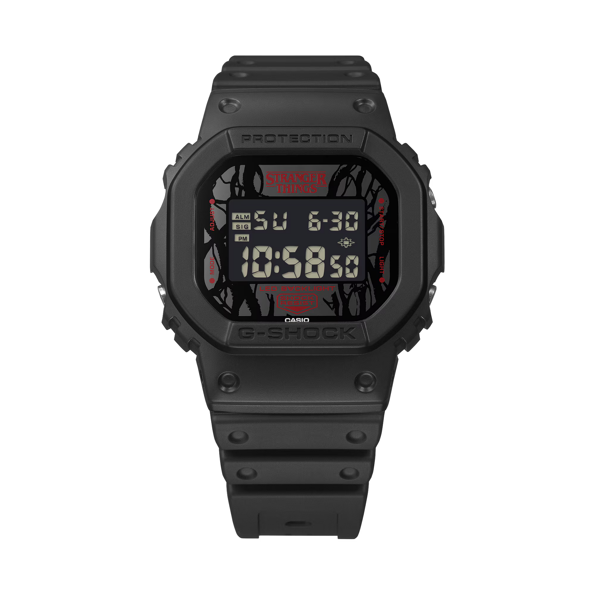G-SHOCK DW5600STT-1 Stranger Things collaboration featuring vine-pattern dial inspired by Vecna, upside-down ‘A’ detail, red LED backlight, ‘011’ band loop tribute, bio-based black resin case and band, and special Demogorgon-themed packaging.”