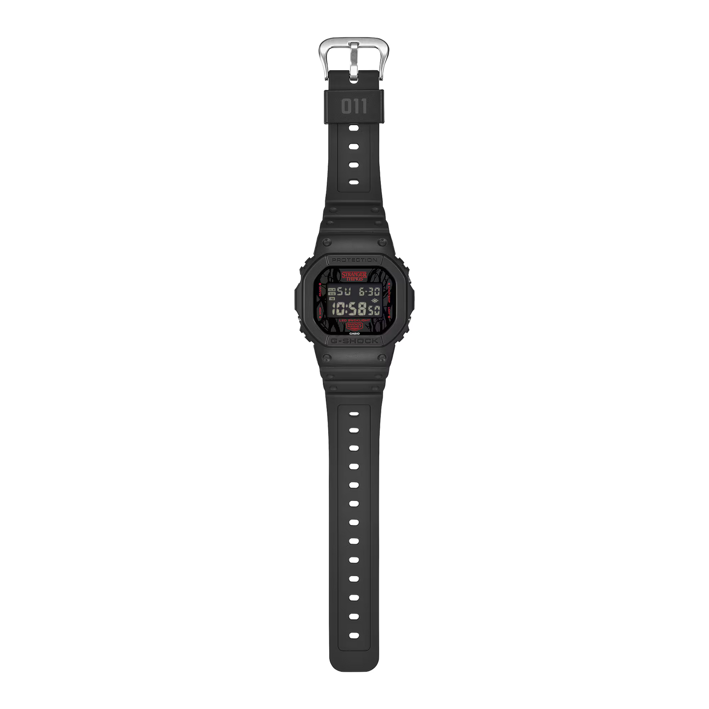 G-SHOCK DW5600STT-1 Stranger Things collaboration featuring vine-pattern dial inspired by Vecna, upside-down ‘A’ detail, red LED backlight, ‘011’ band loop tribute, bio-based black resin case and band, and special Demogorgon-themed packaging.”