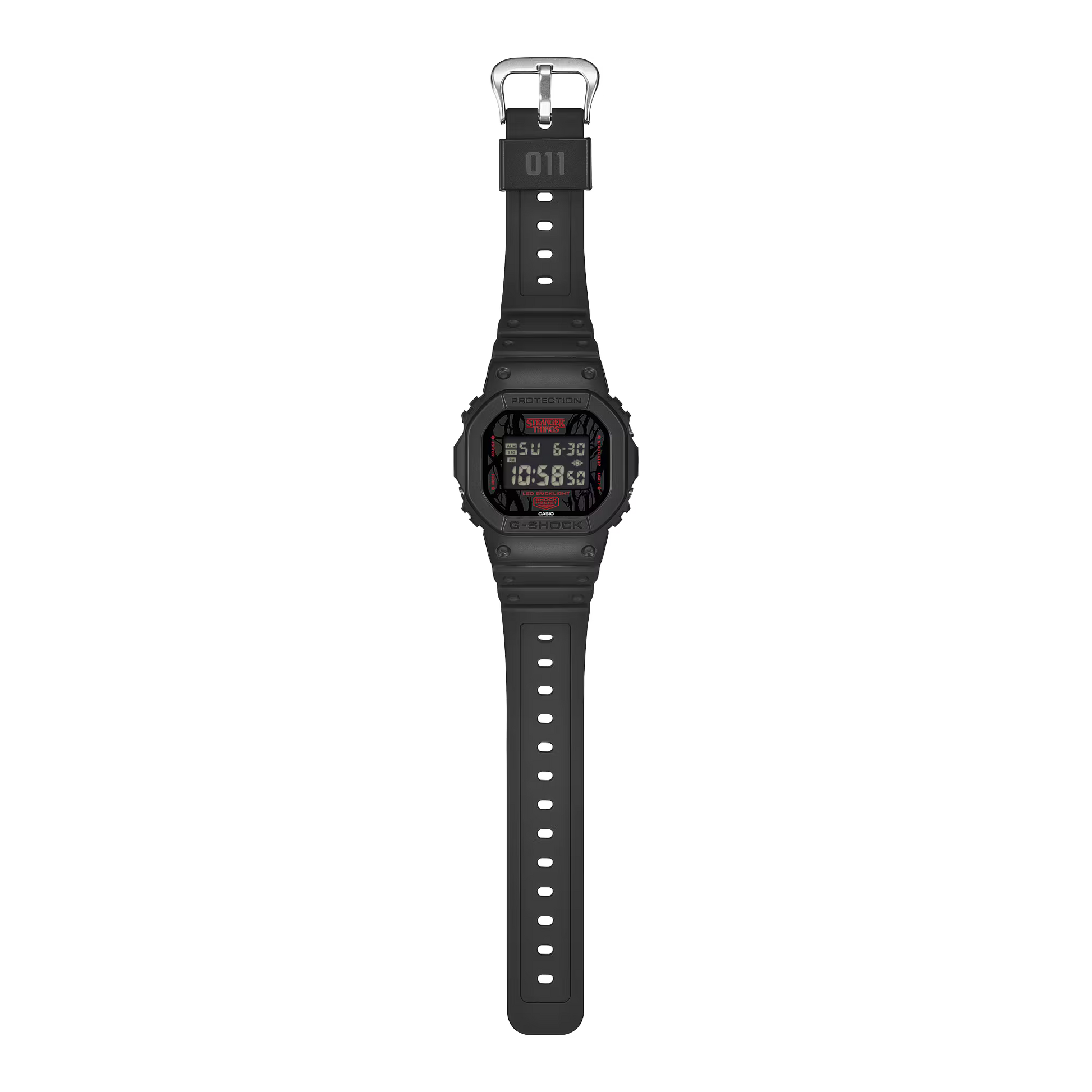 G-SHOCK DW5600STT-1 Stranger Things collaboration featuring vine-pattern dial inspired by Vecna, upside-down ‘A’ detail, red LED backlight, ‘011’ band loop tribute, bio-based black resin case and band, and special Demogorgon-themed packaging.”