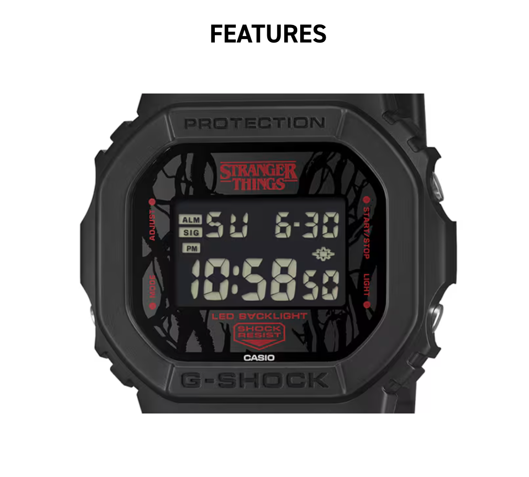 G-SHOCK DW5600STT-1 Stranger Things collaboration featuring vine-pattern dial inspired by Vecna, upside-down ‘A’ detail, red LED backlight, ‘011’ band loop tribute, bio-based black resin case and band, and special Demogorgon-themed packaging.”