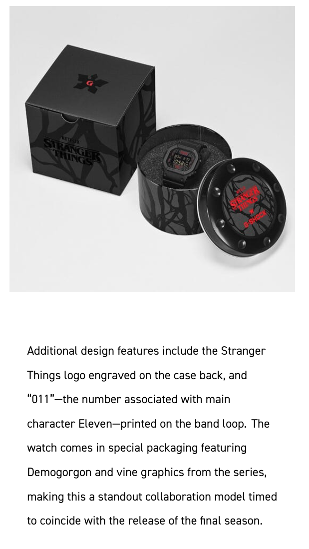 G-SHOCK DW5600STT-1 Stranger Things collaboration featuring vine-pattern dial inspired by Vecna, upside-down ‘A’ detail, red LED backlight, ‘011’ band loop tribute, bio-based black resin case and band, and special Demogorgon-themed packaging.”