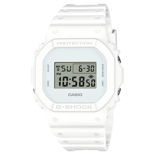 Casio G-SHOCK DW5600WW-7 all-white square model with resin case, bezel, band, and glass in monochrome design, featuring shock resistance, 200M water resistance, LED Super Illuminator backlight, stopwatch, and countdown timer.